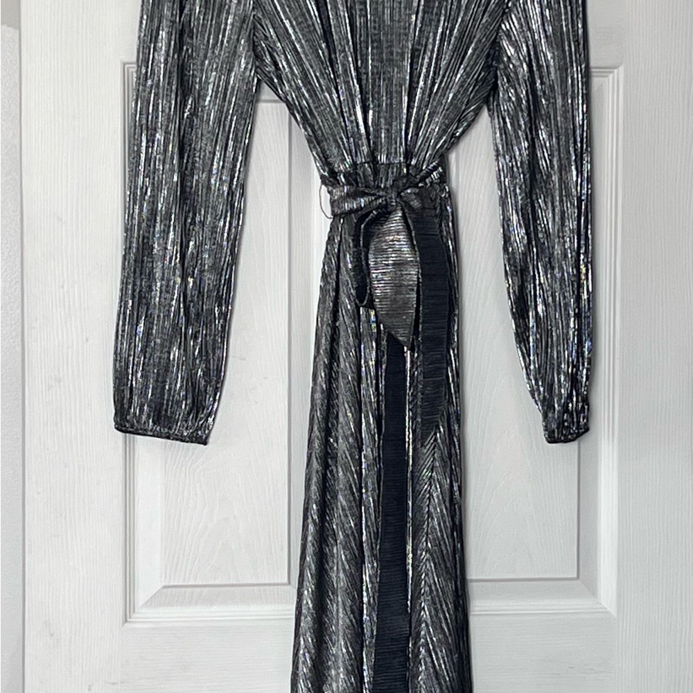 Soft Surroundings Shimmery Silver Wrap Maxi Dress with Belt